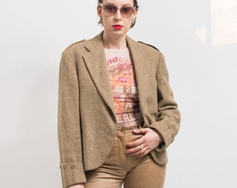 Minimalist Wool Jacket Vintage Herringbone Coat XL