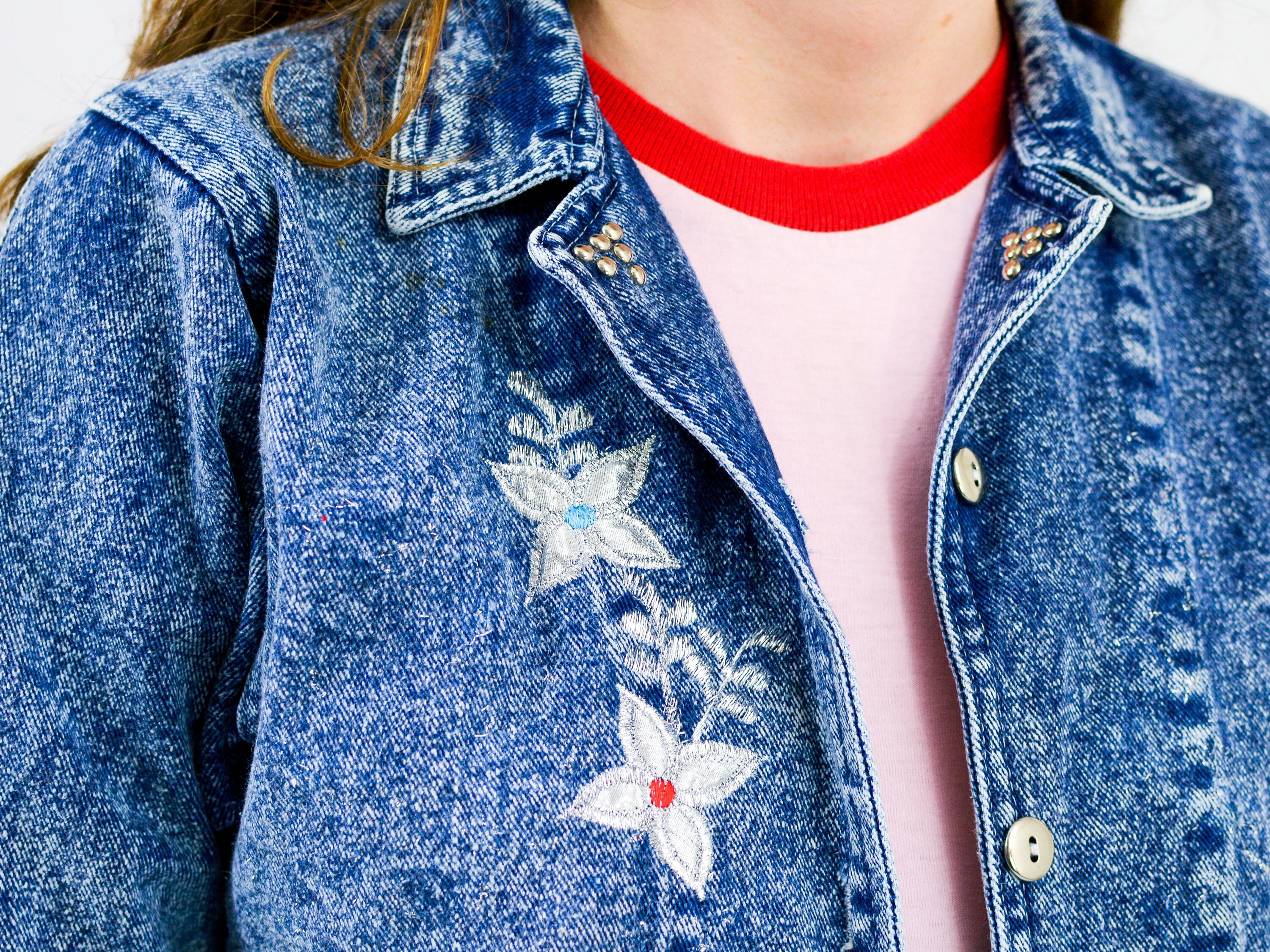 Vintage 80s Denim Jacket Blue Stonewashed Floral Patch