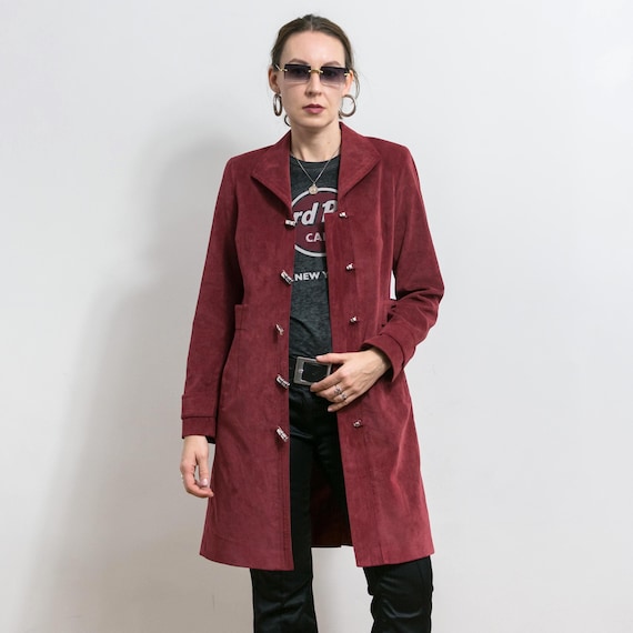 Vintage Burgundy Corduroy Trench Coat 90s Lined Midi Coat M