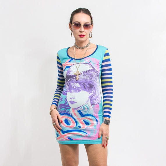 chinese dress ladies 90's Purple Multicolor Girl Print Summer Dress By Custo Barcelona  Hamlets  Vintage