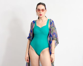 One piece swimsuit green vintage open back women size M