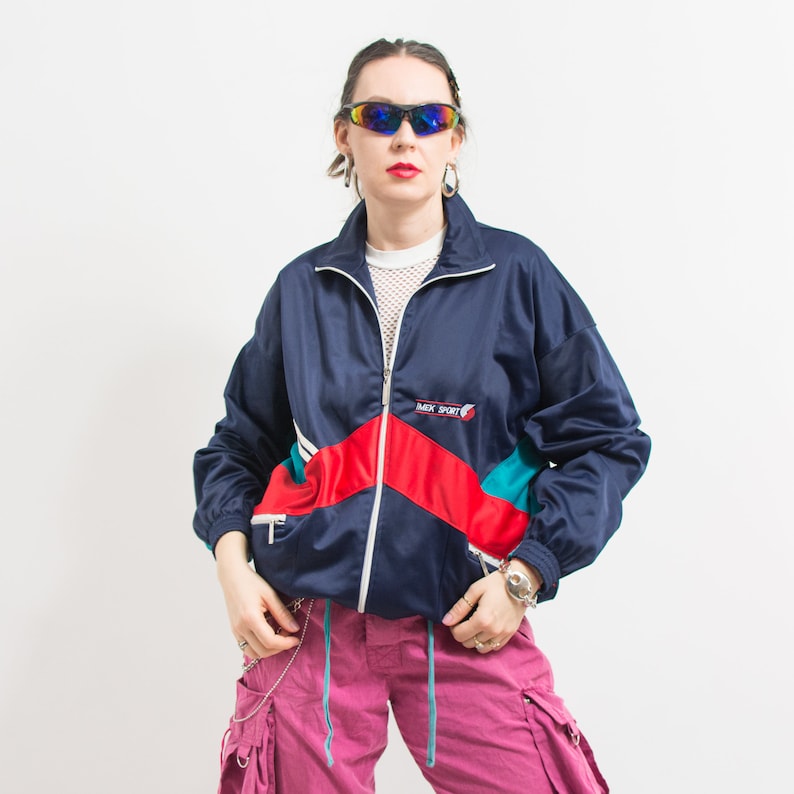 Oversized track jacket Vintage 90's multi color block tracksuit top women size XL image 2