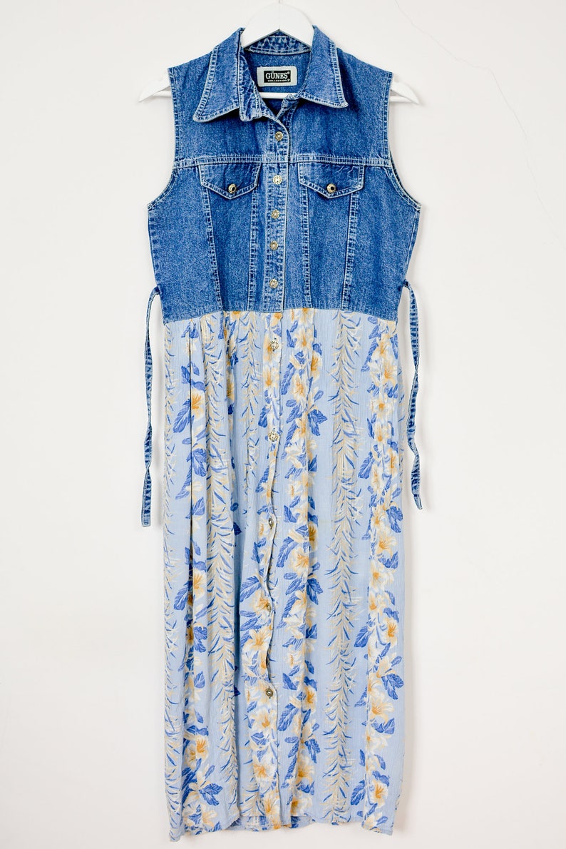 Button up down denim dress Vintage 90's jeans sleeveless florall bottom skirt pockets summer tied waist blue M Medium image 7