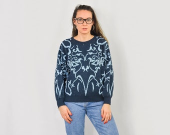 Blue sweater Vintage abstract pattern pullover 80s/90s M Medium