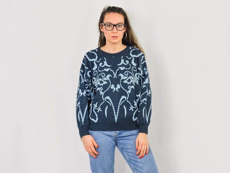 Blue sweater Vintage abstract pattern pullover 80s/90s M Medium image 1