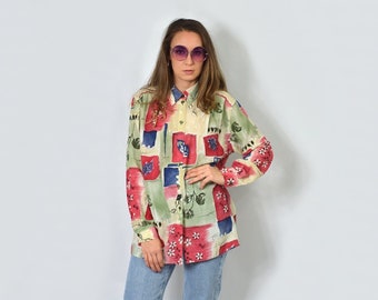 Vintage blouse Retro top abstract printed 80s shirt psychedelic button up down long sleeve XXL/XXXL