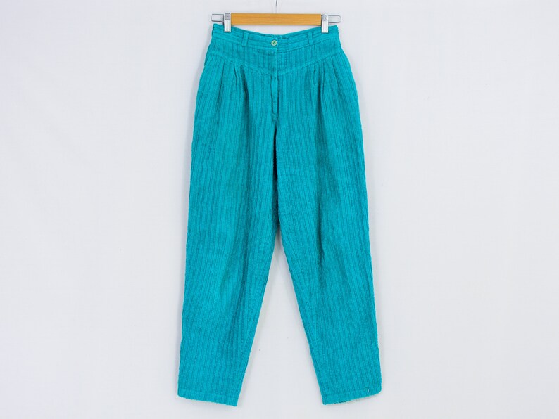 Turquoise corduroy pants W27 L27 mom pants blue vintage 90/'s high waist relaxed fit trousers tapered leg women SM
