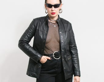 Vintage Black Leather Jacket | 90s women size M