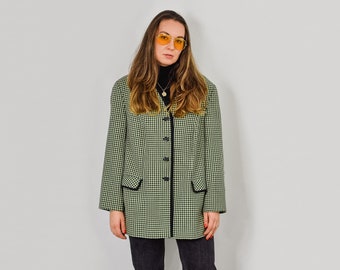 Checkered Blazer Vintage green black 80s jacket tail coat full lined shoulder pads XXXL