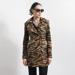 Vintage Faux Fur Tiger Coat Animal Pattern Fitted Jacket M