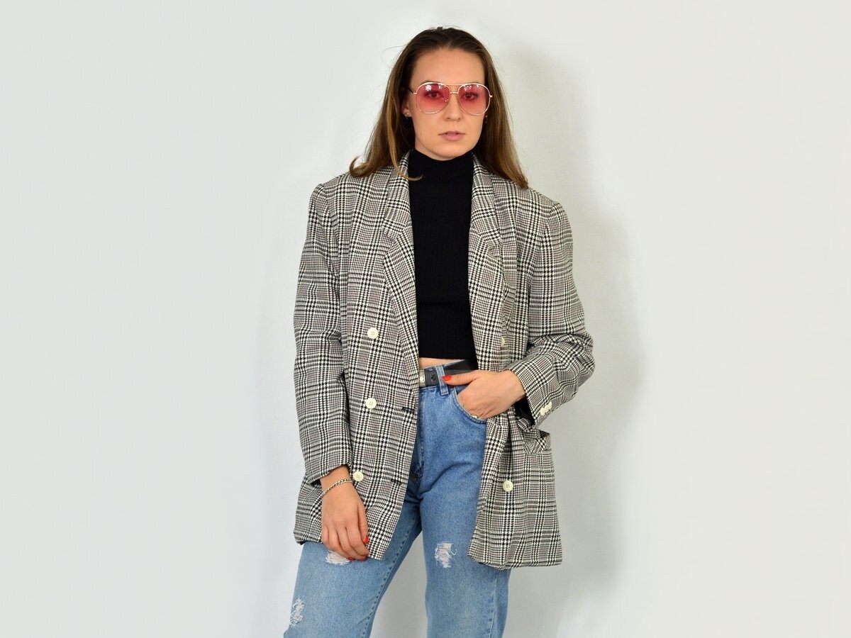 Houndstooth Jacket Retro Blazer Checkered Plaid Vintage Shoulder Pads Black White Coat 80's Double Breasted Viscose Plaid XXL