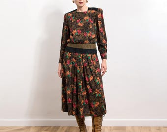 Vestido midi vintage floral de otoño con mangas largas y detalles de cuero L