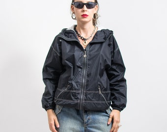 90er Windbreaker Vintage schwarze Kapuzenjacke Reißverschluss Oberbekleidung Damen M/L