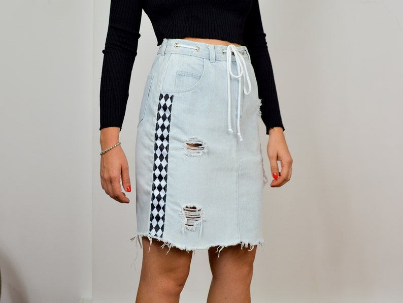 Reworked denim skirt W29 Frayed lace up Mini cut off light blue jean Vintage 90's High waisted Pockets 90's M Medium image 1