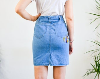 90's mini falda W28 denim Vintage super alta cintura azul parcheado jeans lápiz S Pequeño