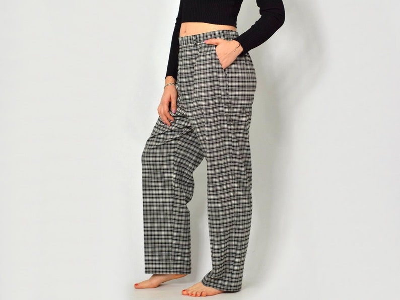 Checkered pants RETRO black white super High waisted trousers retro loose fit leg vintage hipster XXXL