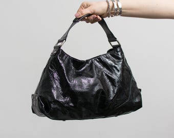 Black Leather Kenneth Cole Handbag Hobo Bag Y2K Glossy