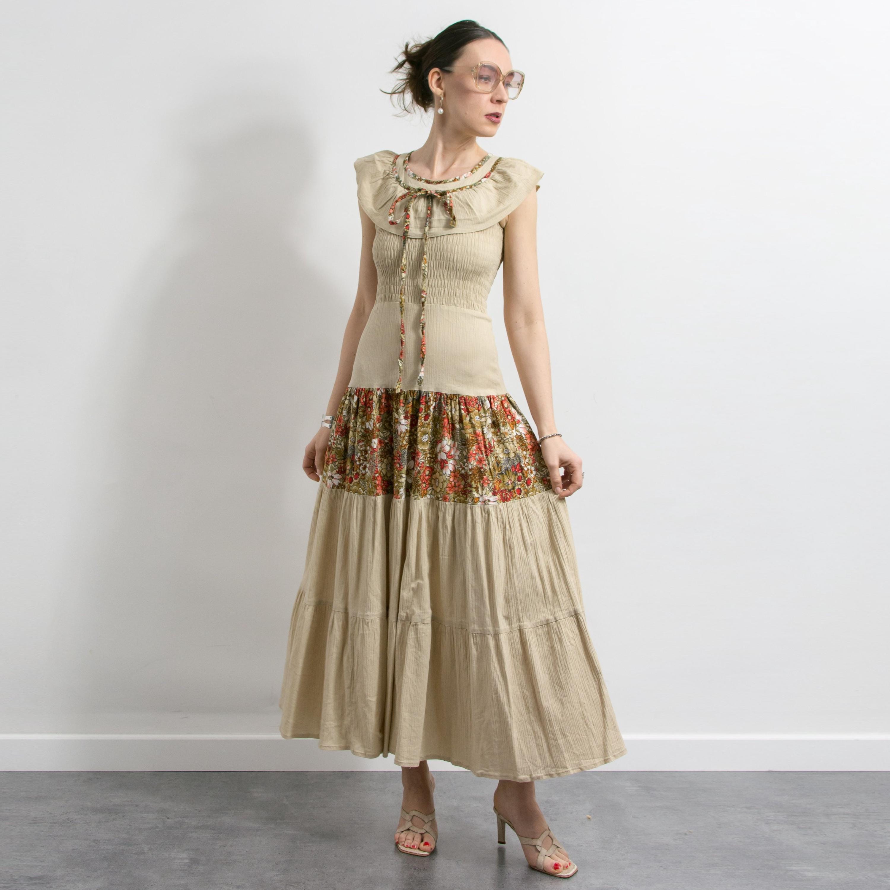 Vintage Prairie Maxi Dress Boho Cotton Beige S