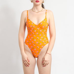 90s one piece swimsuit orange floral spaghetti straps vintage women size S image 3