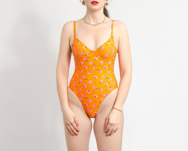 90s one piece swimsuit orange floral spaghetti straps vintage women size S image 3