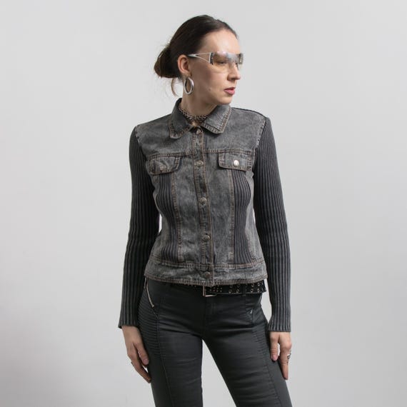 Vintage Cropped Denim Knit Jacket Y2K Ribbed M/L