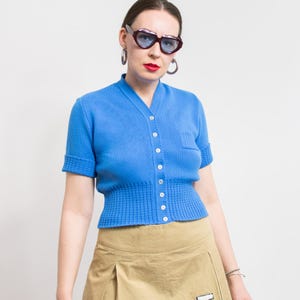 70er Jahre Strick Top Vintage | kurzärmliger Pullover | Kunstwollbluse | Damengröße L
