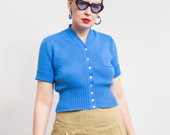 Top in maglia vintage anni '70 / maglione corto a maniche corte / camicetta in finta lana / taglia L da donna