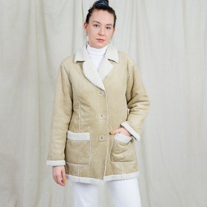 Faux suede jacket cream sherpa winter coat shearling beige vintage XL image 3