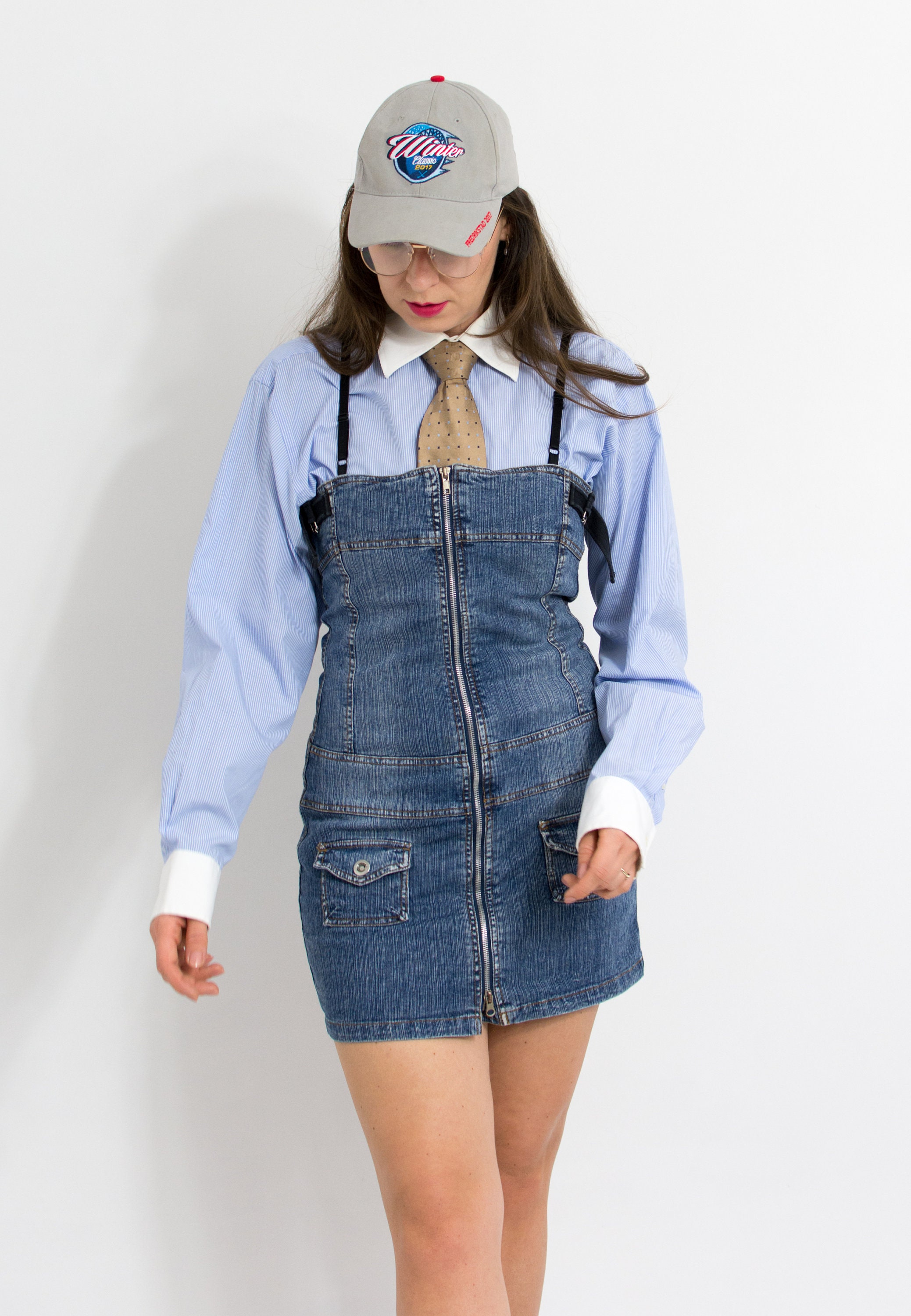 Fishbone Mini Denim Dress Y2k Vintage Sleeveless Blue Women Size M