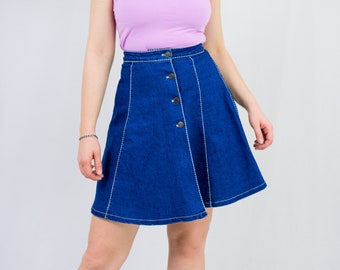 Vintage denim mini skirt W27 trapeze blue 90s button up down S Small