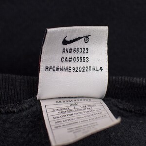 May include: Close-up of a black garment tag with the Nike logo and text. The tag includes RN and CA numbers, along with fabric composition details. The tag is attached to a dark fabric.