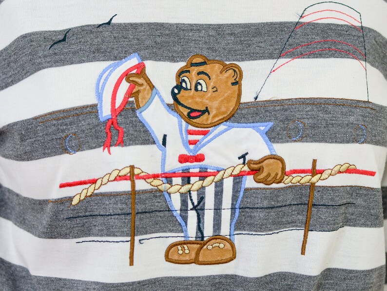 Striped T-shirt vintage 90's teddy patched short sleeve M Medium image 2