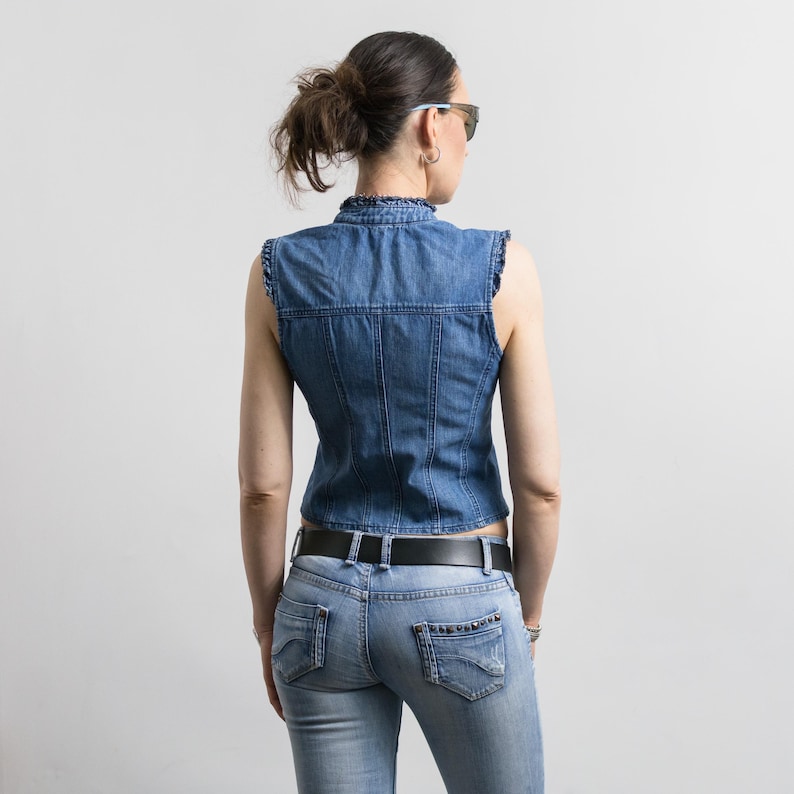 Y2K Denim Military Vest Fitted Button Napoleonic S/M image 5