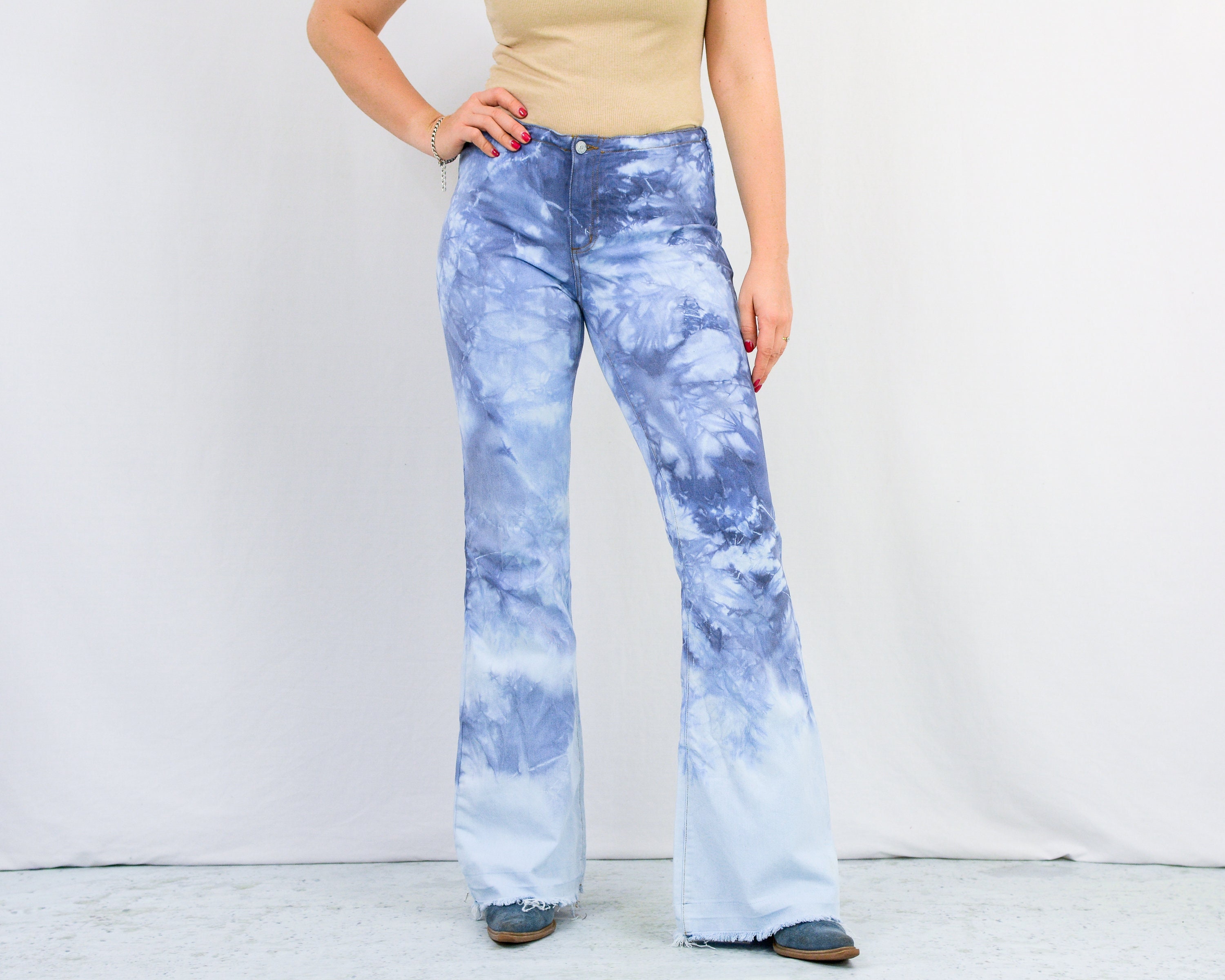 Womens Bell Bottom Flare Leg Hippie Pants, Tie Dye Patterned