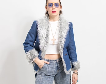 Vintage Y2K denim jacket faux fur collar women size S/M