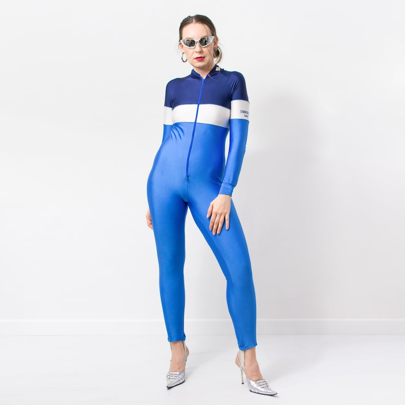 Vintage lycra jumpsuit blue athletic tracksuit coveralls women size S/M image 1