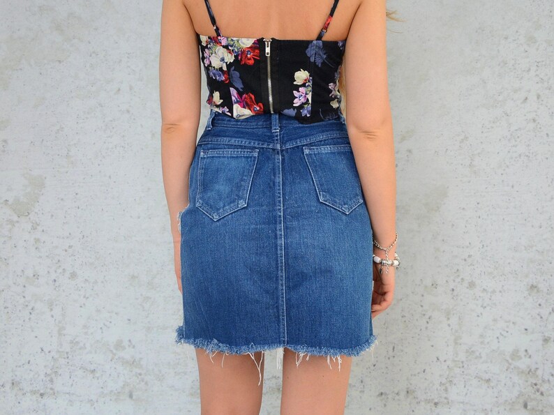 Distressed denim skirt Mini vintage destroyed Frayed Cut off High Waisted jean grunge S Small size 28 waist