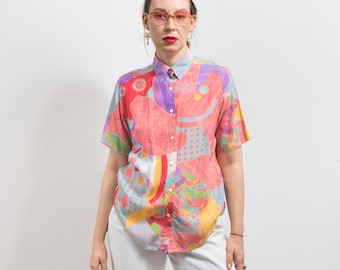 Chemise multicolore des années 90 à manches courtes imprimée haut d'été femme taille M