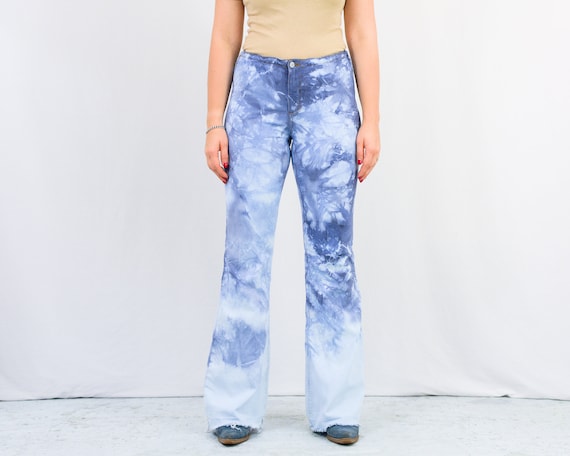 Tie Dye Jeans Reworked Denim Pants Hippie 70s Style Bell Bottom Leg Large 