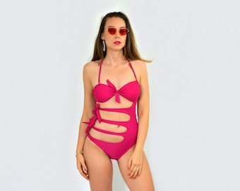 Pink swimsuit Vintage One piece tied Backless bath swim suit bathing beach padded cup bra woman 90's M Medium