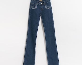 Vaqueros extra largos Y2K vintage de cintura baja en denim elástico azul talla XXS/XS