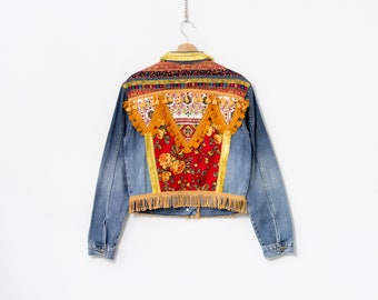 Embellished jacket vintage boho upcycled denim festival floral women size M