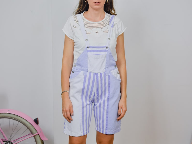 purple and white overalls