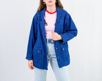 Blue denim jacket 80s vintage blazer mustard lining hipster oversized women XL