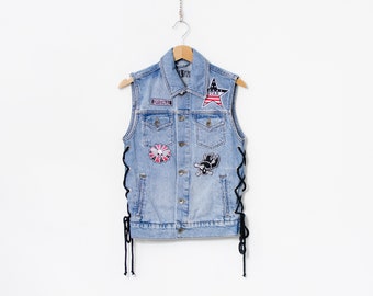 Unique patched denim vest lacing blue women size XS