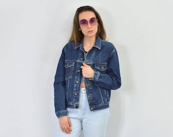 WRANGLER navy blue denim jacket oversized Vintage trucker grunge blue hipster Rocker coat jeans jean button up unisex S/M