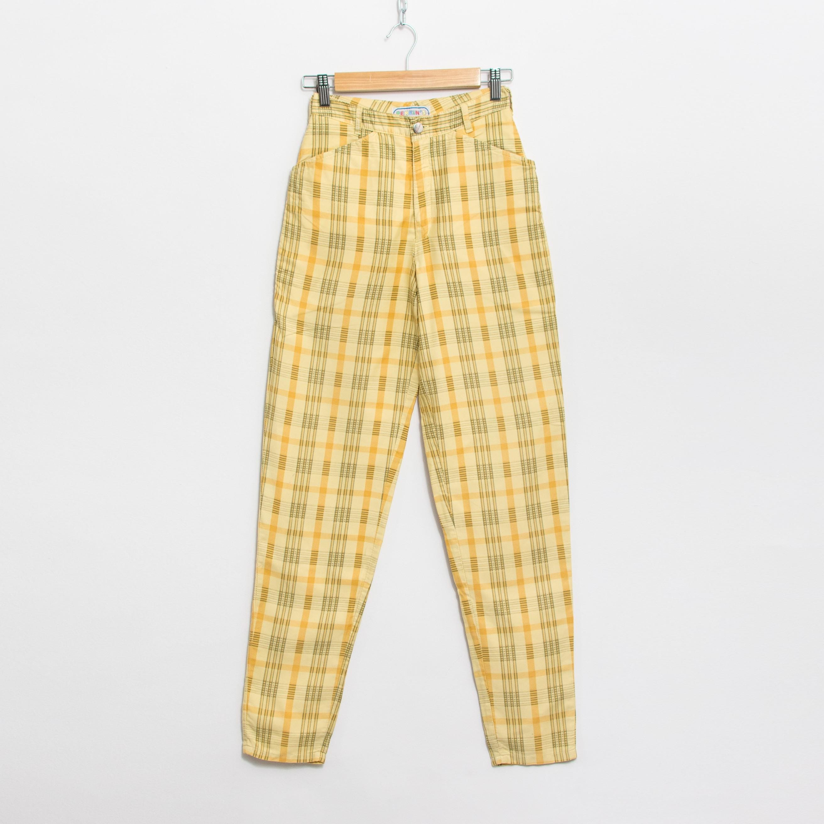 Plaid yellow pants Vintage 90's tartan trousers tapered leg women size XS