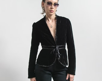 Vintage Y2K Black Velvet Gothic Blazer Fitted Tie Front S