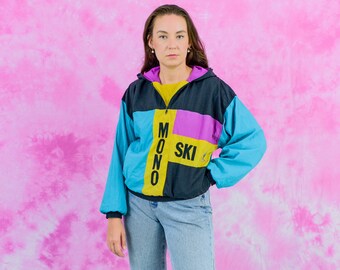 Vintage Track Jacket Athletic Hooded Windbreaker 90s Multi Colour Tracksuit Top M Medium