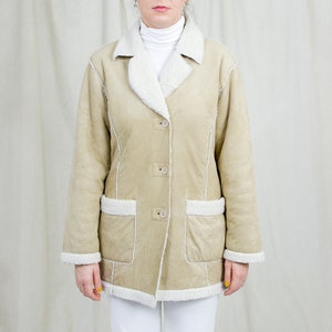 Faux suede jacket cream sherpa winter coat shearling beige vintage XL image 5